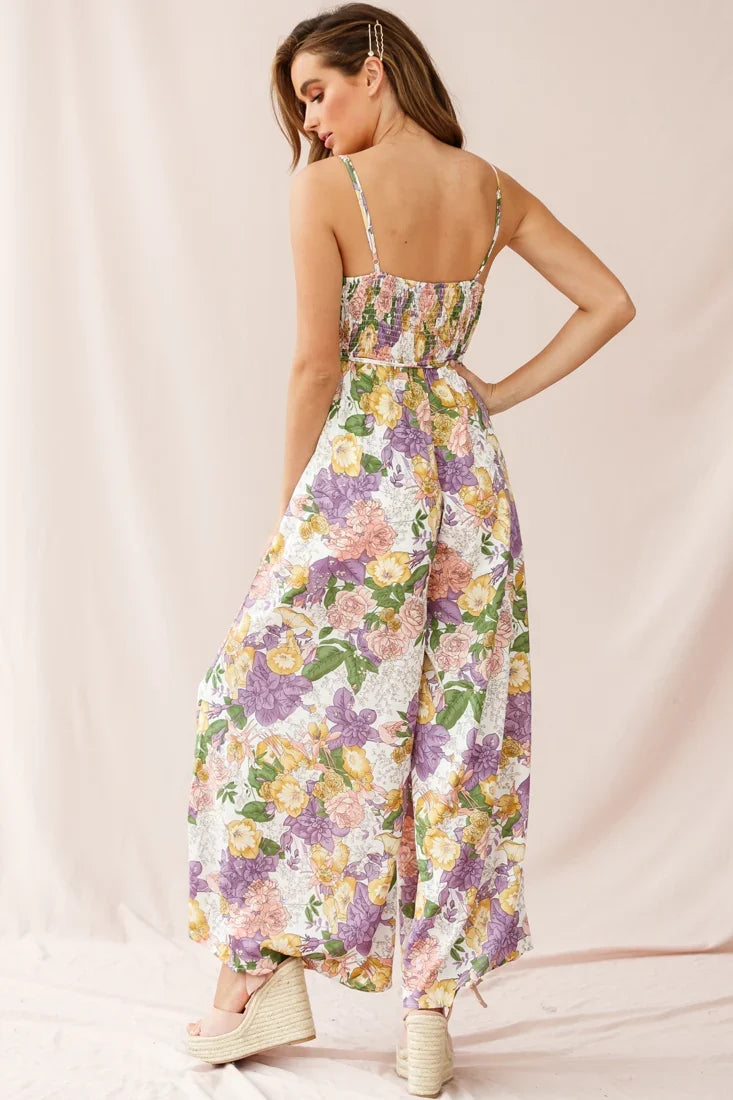 Melita Ruffle V-Neckline Jumpsuit Purple Print