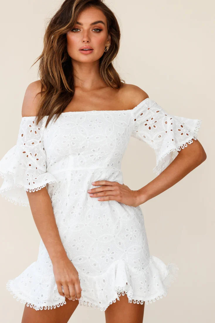 Elissa Off-Shoulder Broderie Anglaise Dress White