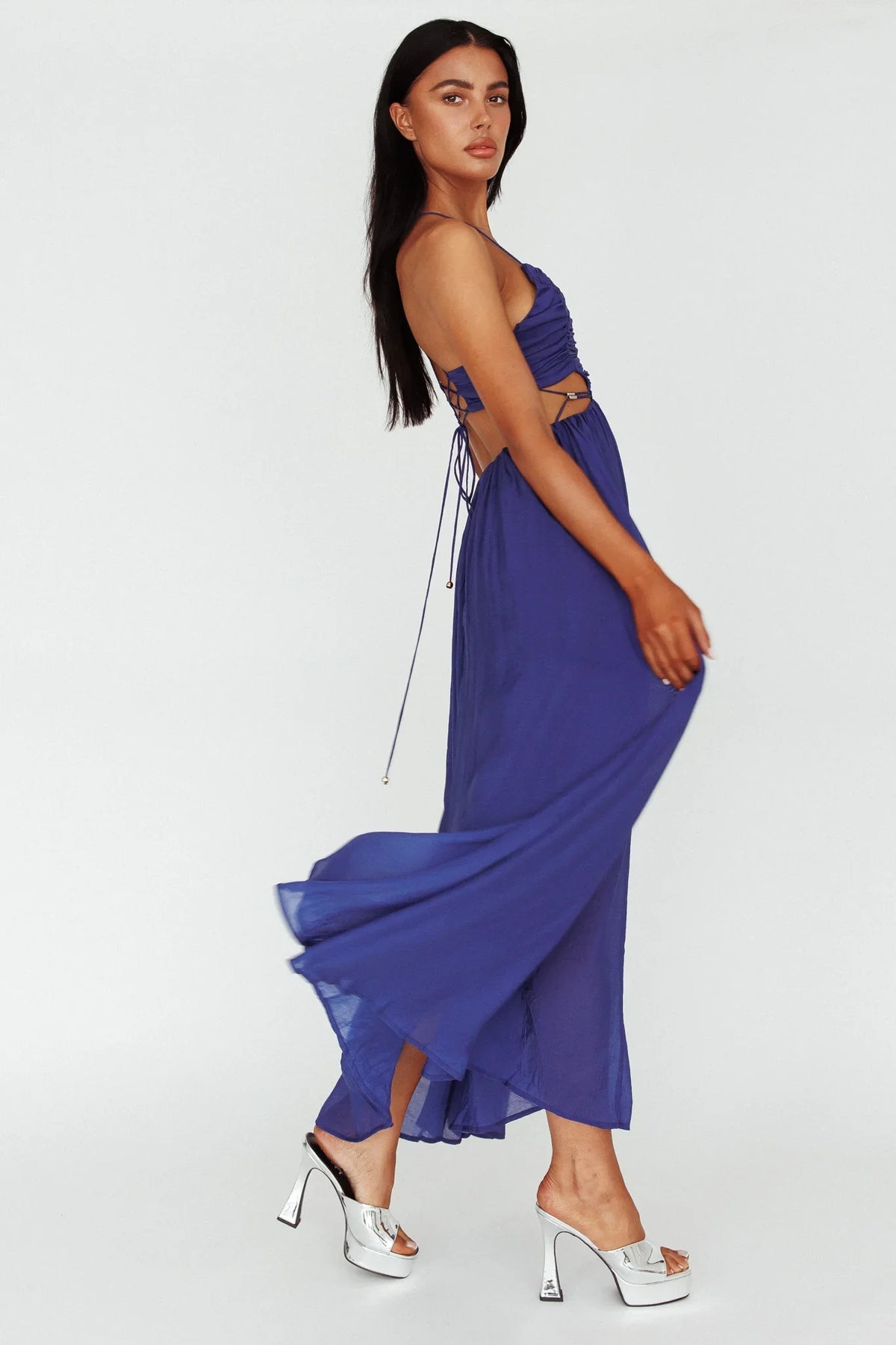 Tenyl Open Back Strappy Midi Dress Navy