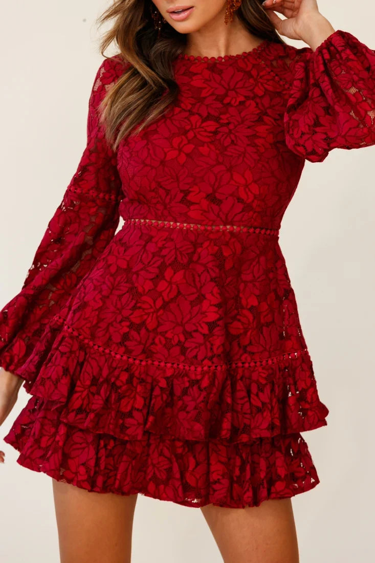 Henrietta Lace Overlay Long Sleeve Ruffle Dress Wine