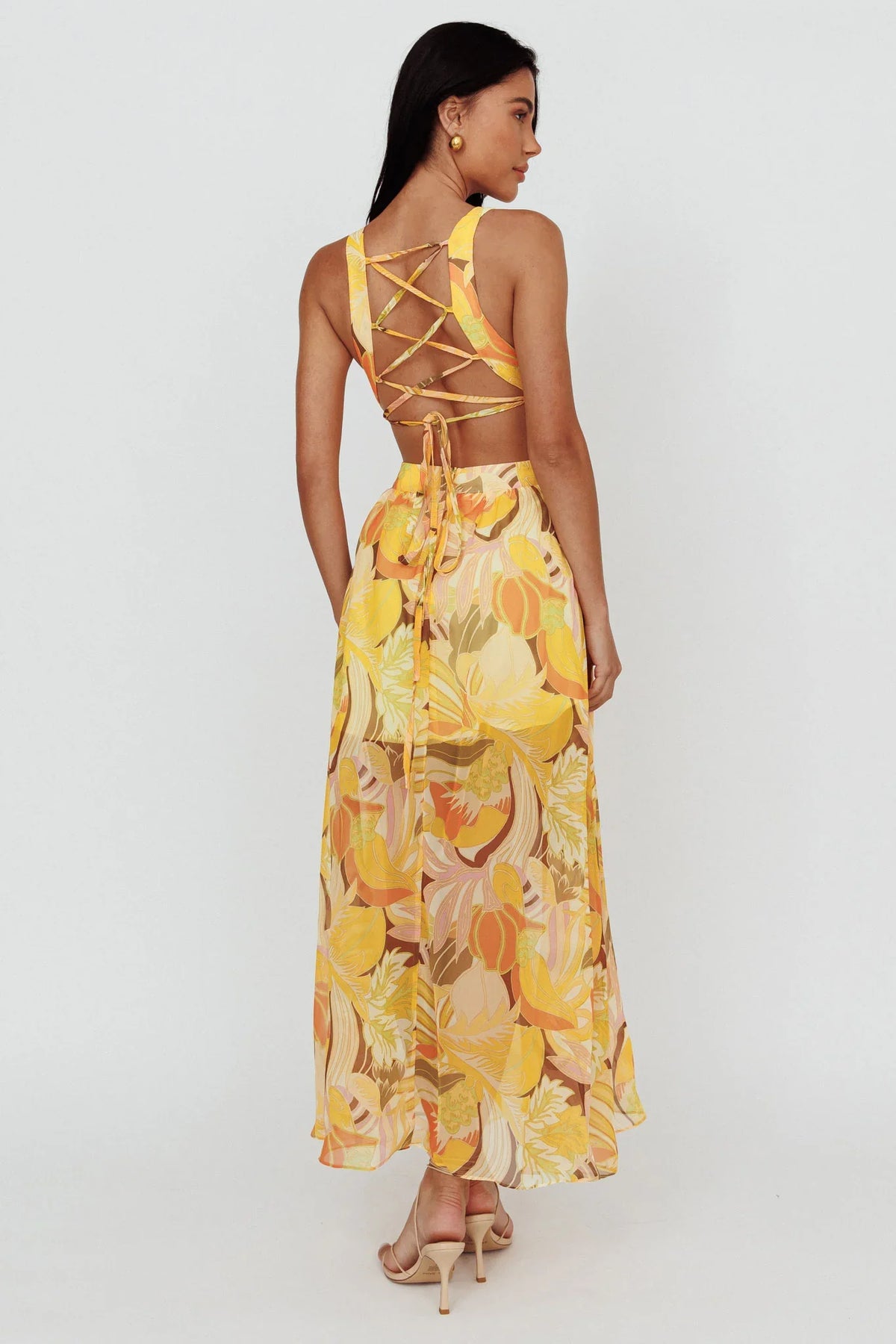 Maura Lace-Up Back Maxi Dress Floral Yellow