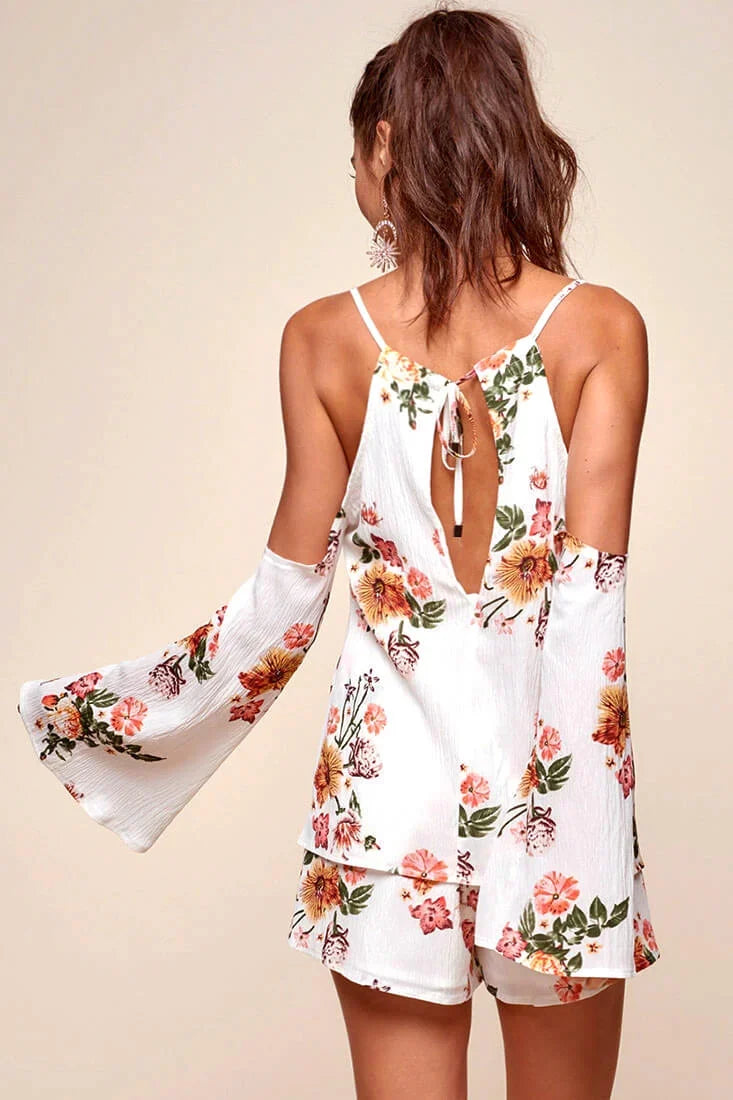 Ashanti Off the Shoulder Layered Floral Romper White