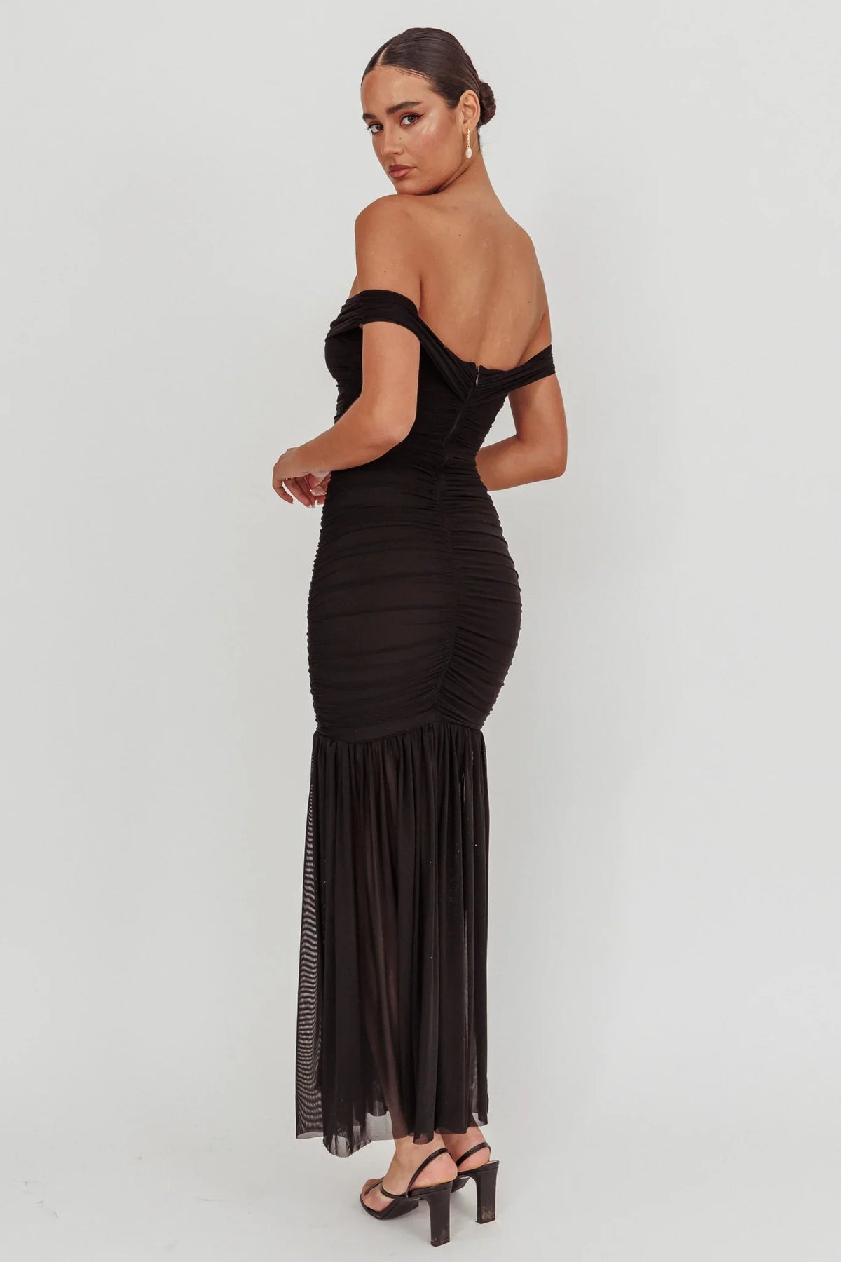 La Salle Off Shoulder Mesh Maxi Dress Black