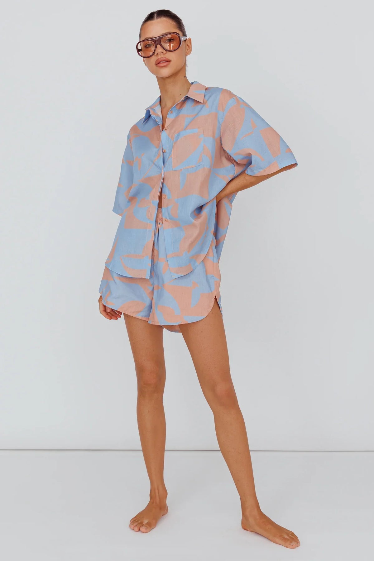 On Vacay Button-Up Shirt Print Blue