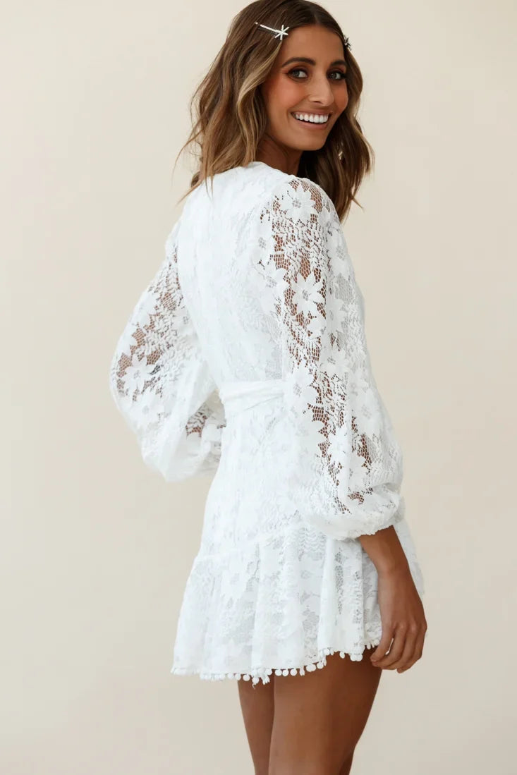 Cami Balloon Sleeve Faux Wrap Dress Lace White