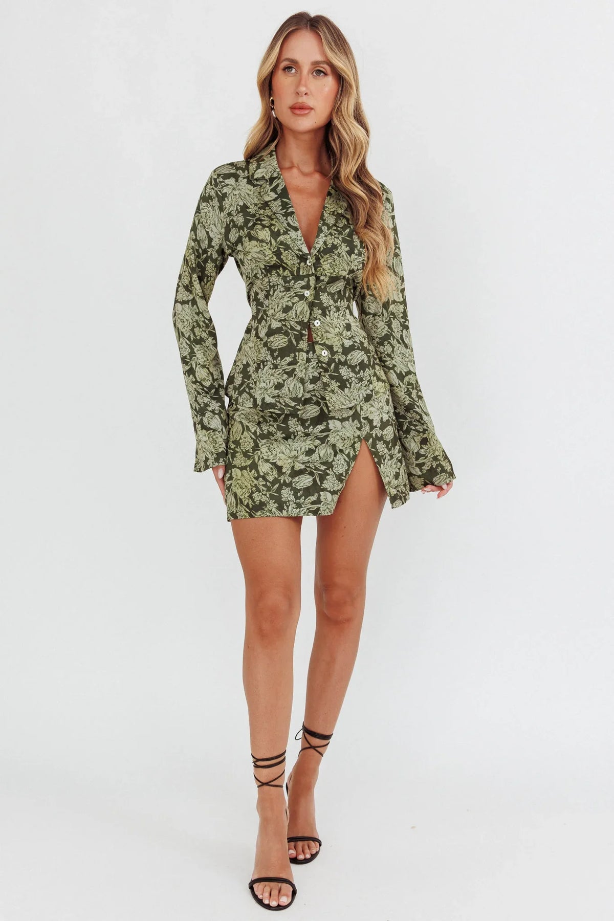 Caledonia Collared Button-Up Satin Shirt Floral Olive