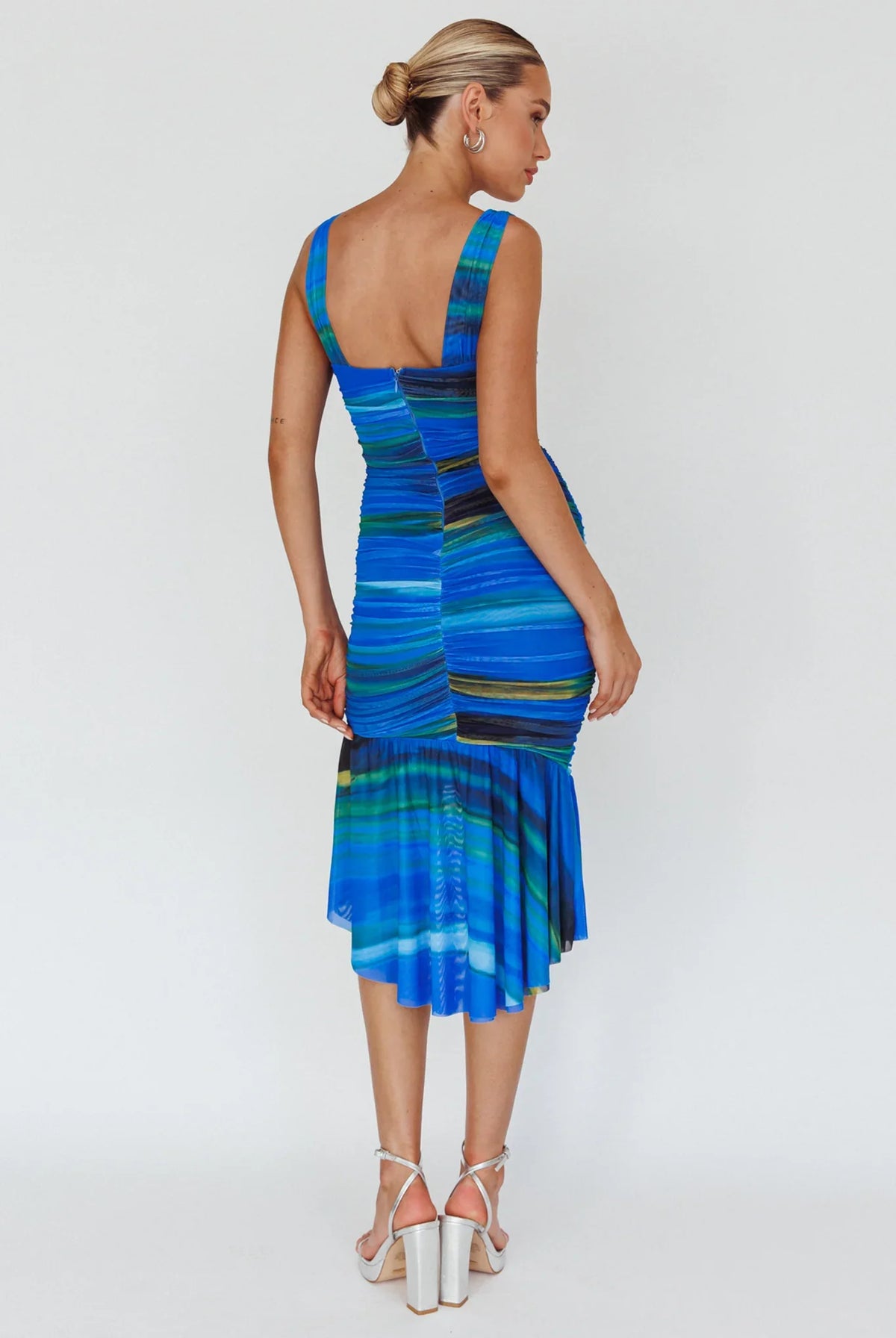 Nadia Ruched Fishtail Midi Dress Print Blue