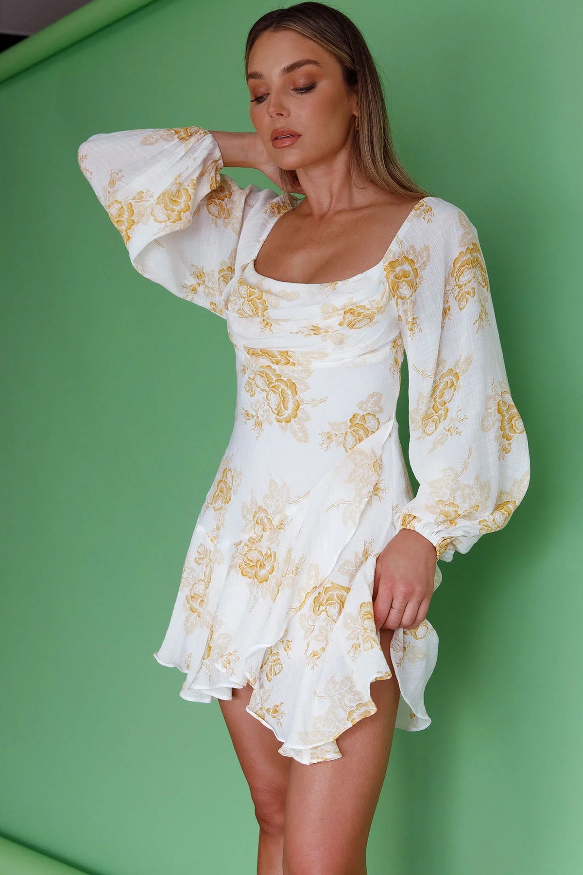 Beaujolais Long Sleeve Cowl Neckline Ruffle Mini Dress Floral Yellow