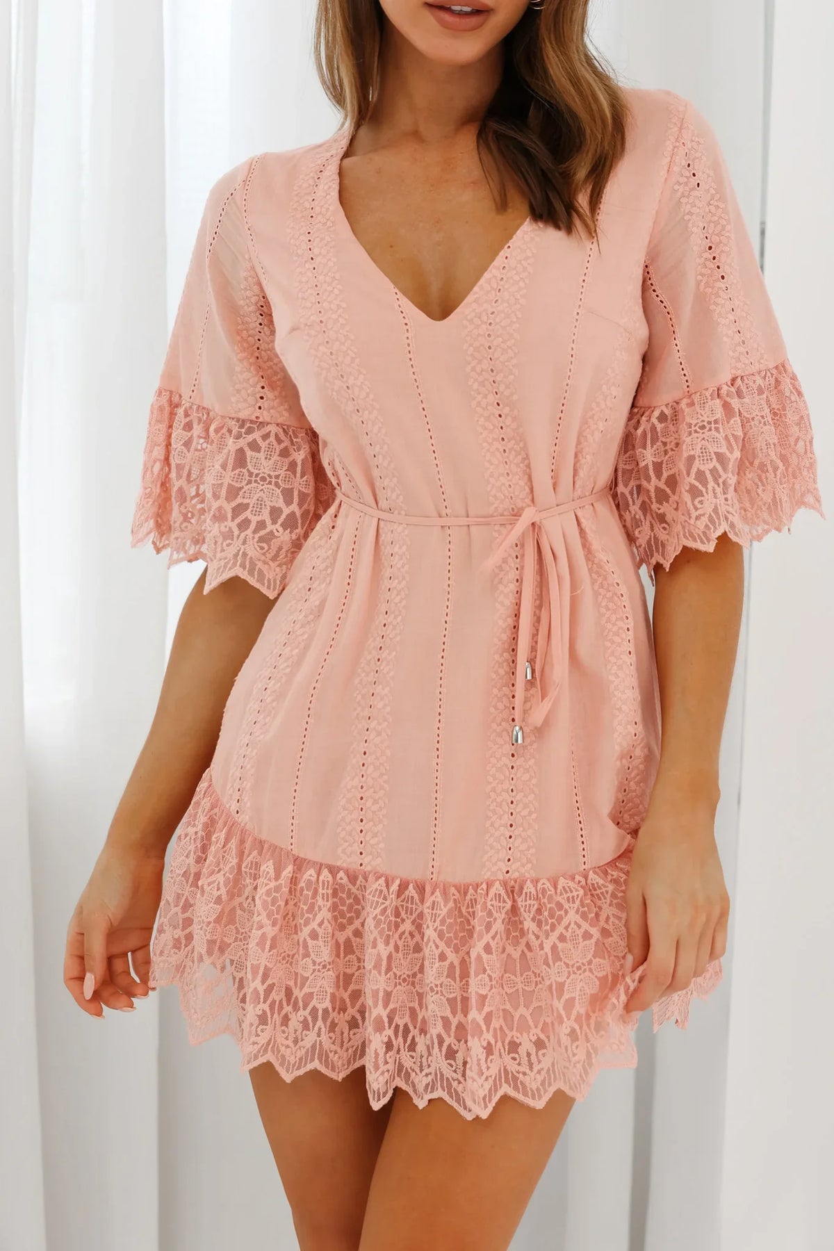 Karissa Lace Trim Waist Tie Tunic Dress Blush