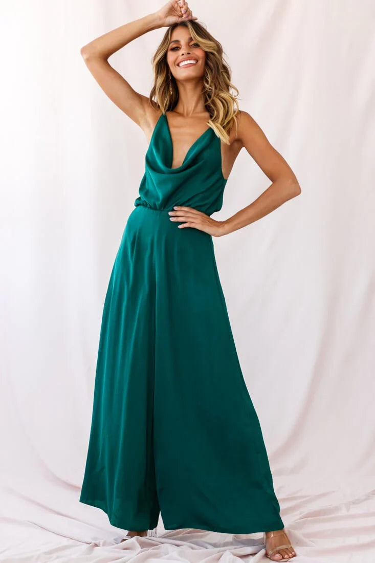 Jaclyn Wide-Leg Cowl Neck Jumpsuit Forest Green