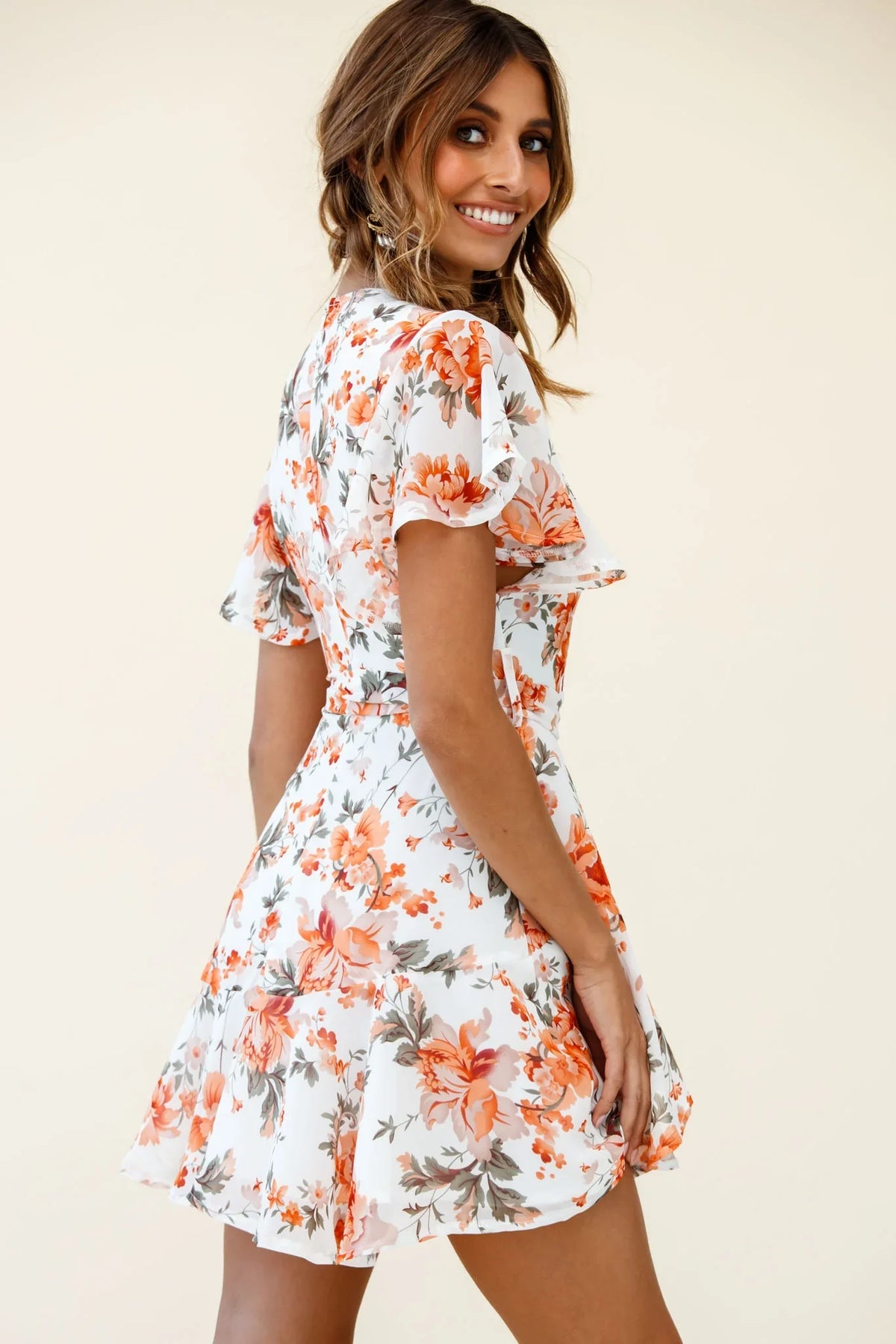 Cami Angel Sleeve Faux Wrap Dress Rose Print Orange