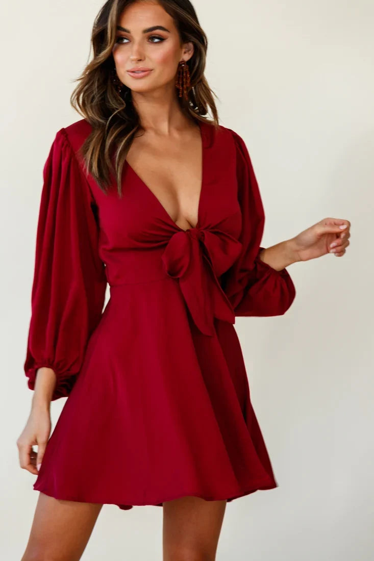 Madison Bow Tie Bust Balloon Sleeve Dress Wine