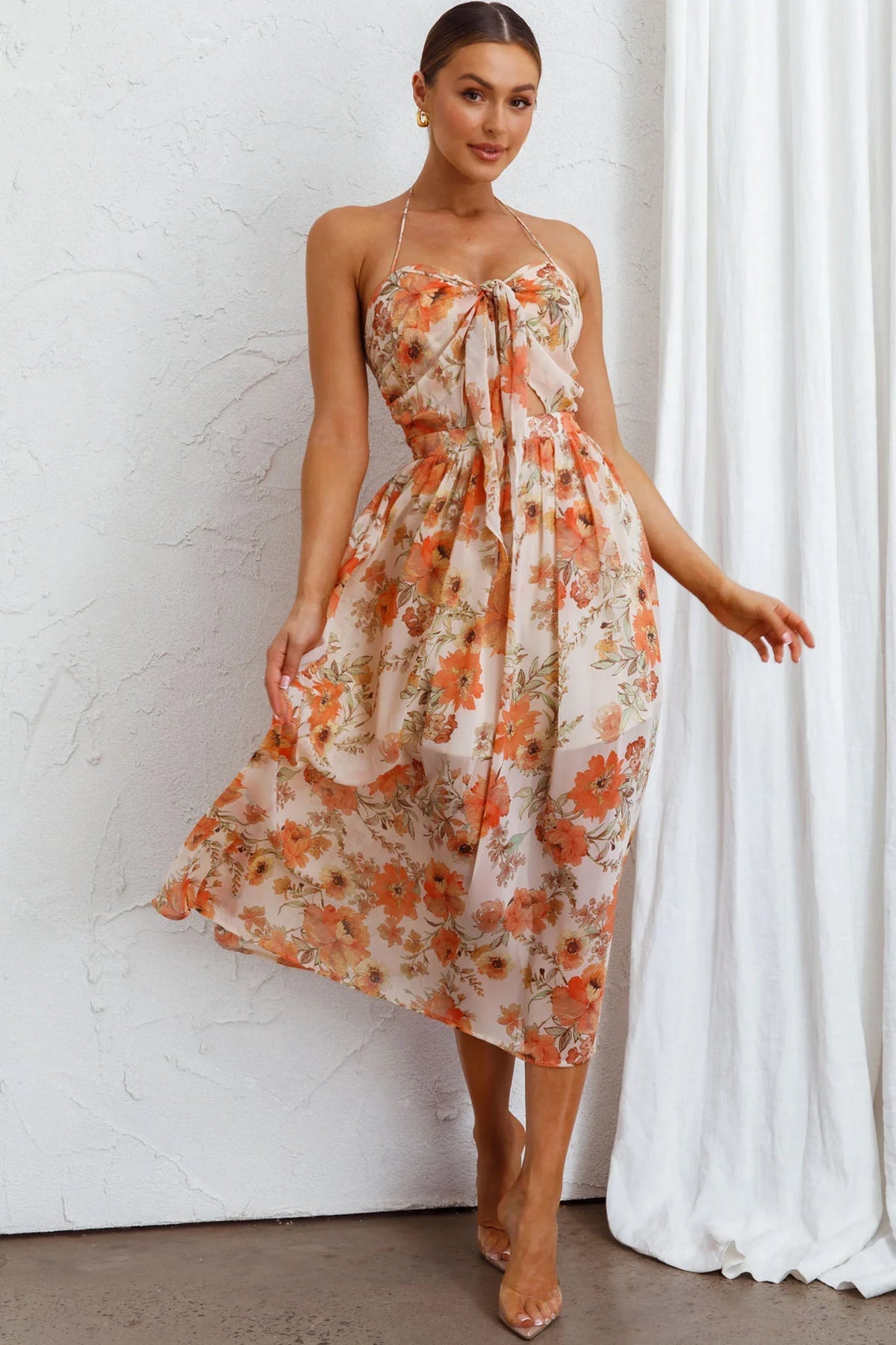 Los Feliz Tied Bust Halterneck Midi Dress Floral Beige