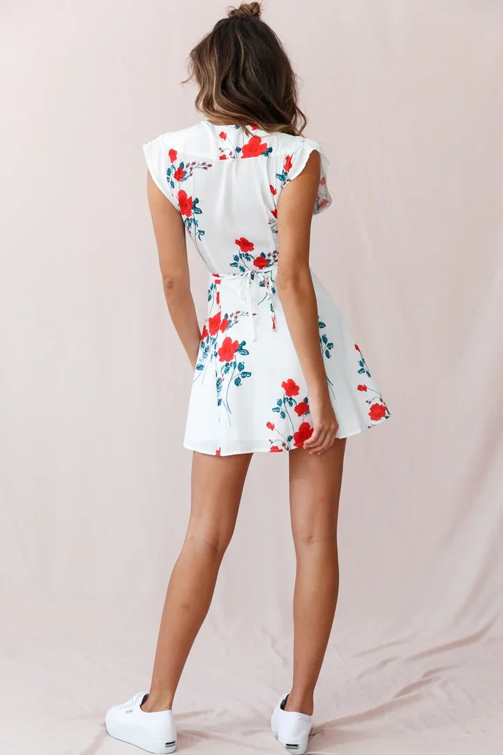 Lydia Plunging Neckline Floral Dress White