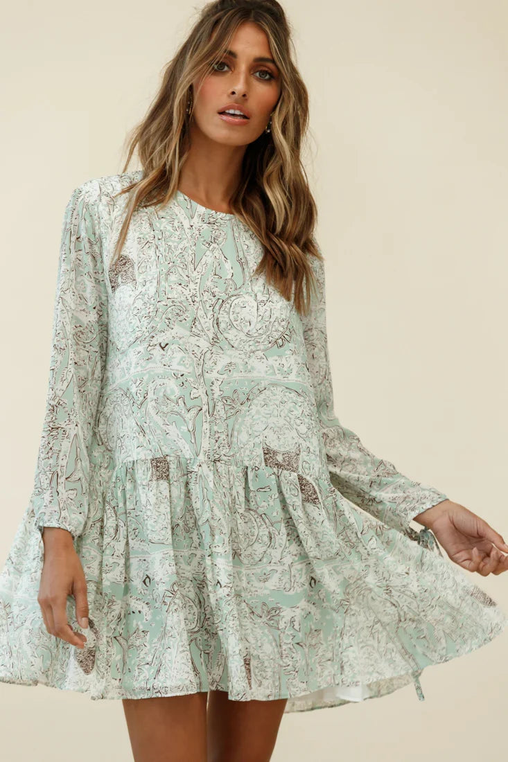 Mina Long Sleeve Button Back Shift Dress Ornate Print Green