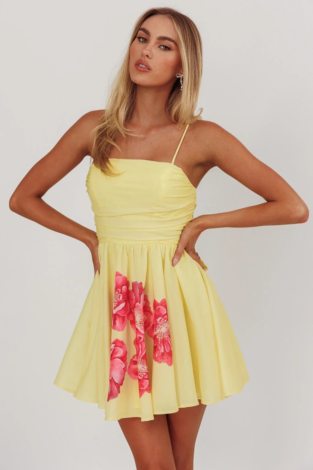Festivity Flared Bow Floral Mini Dress Yellow