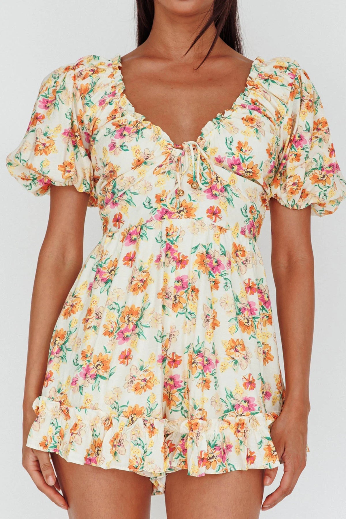 Costa Rica Puff Sleeve Romper Floral Beige