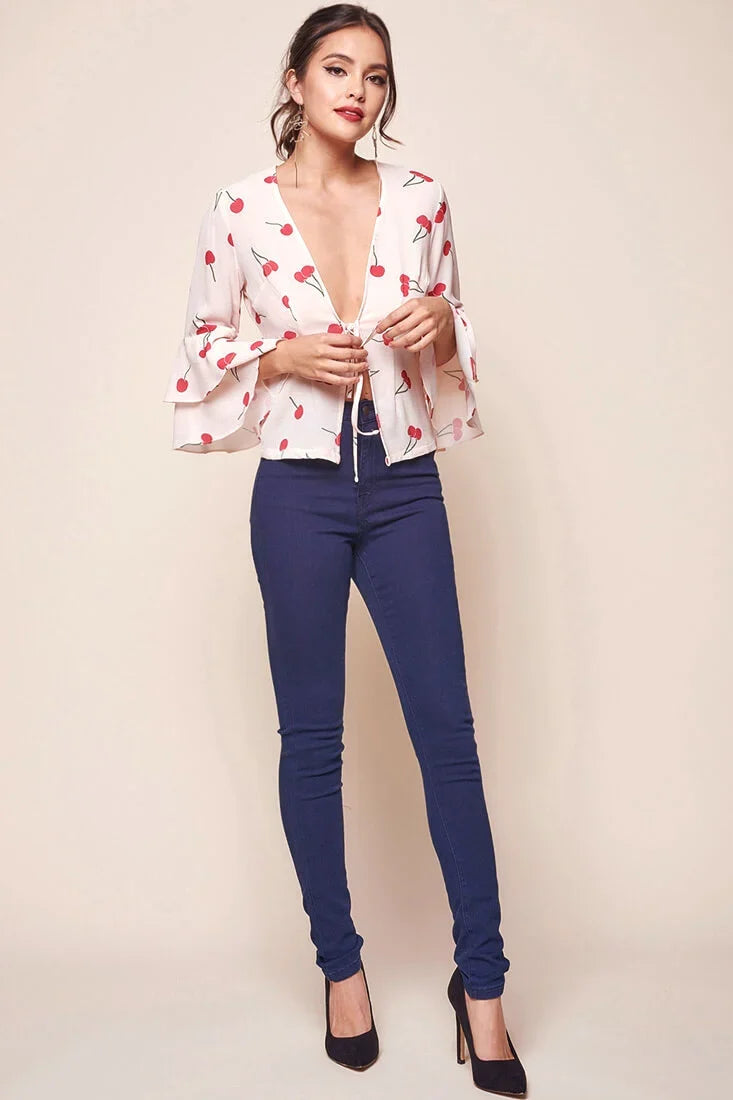 Robbi Bell Sleeved Cherry Top Beige