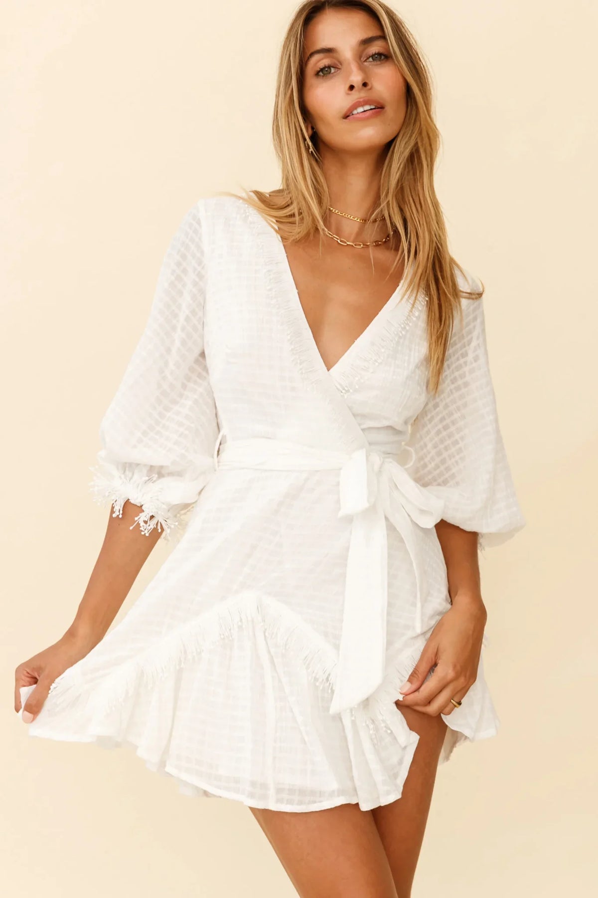Flyin' Solo Fringe Trim Waist Tie Dress White