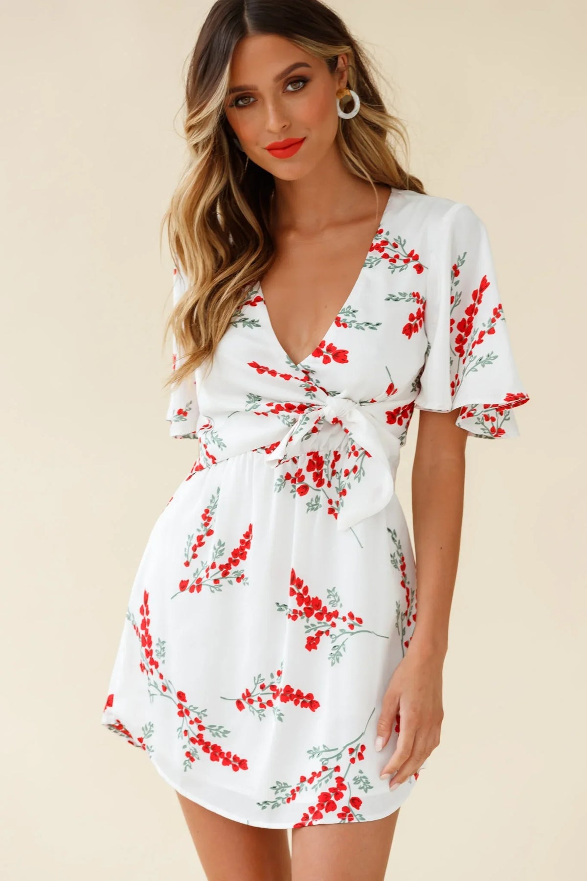 Stealing Hearts Flutter Sleeve Wrap Front Dress Floral Print White