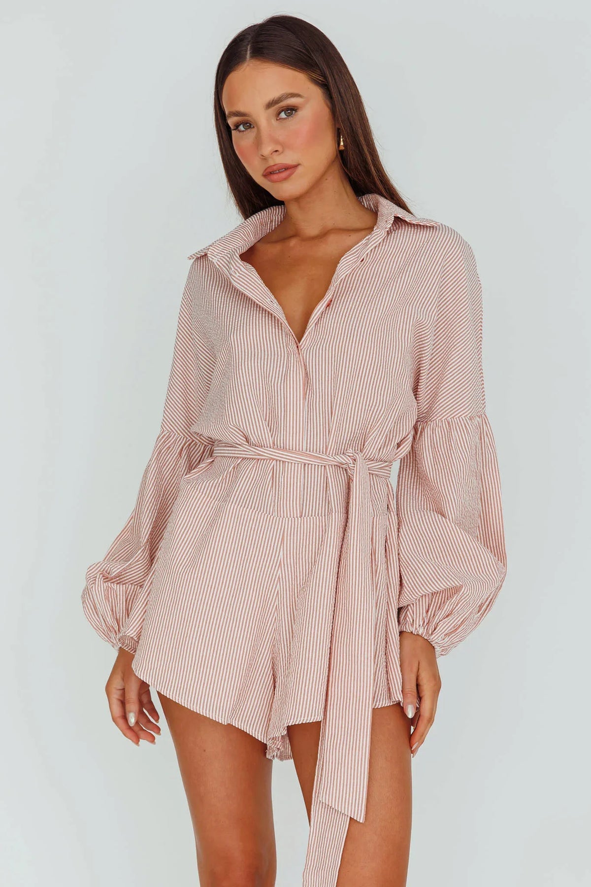 Daytona Beach Long Sleeve Shirt Romper Terracotta Stripe