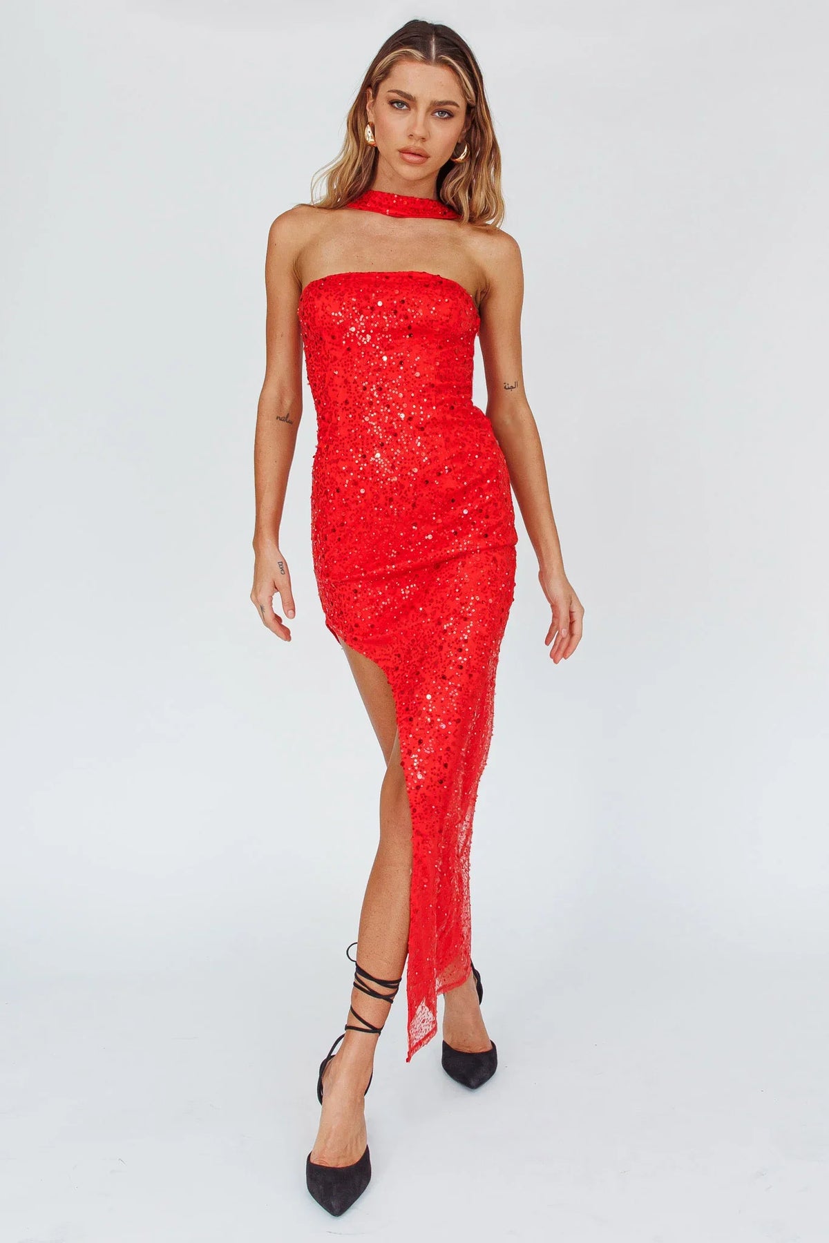 Rian Neck Strap Sequin Midi Dress Red