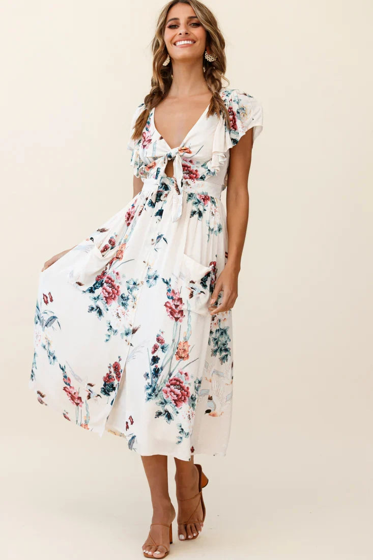 Amelie Tied Bust Pocket Midi Dress Floral Print Beige