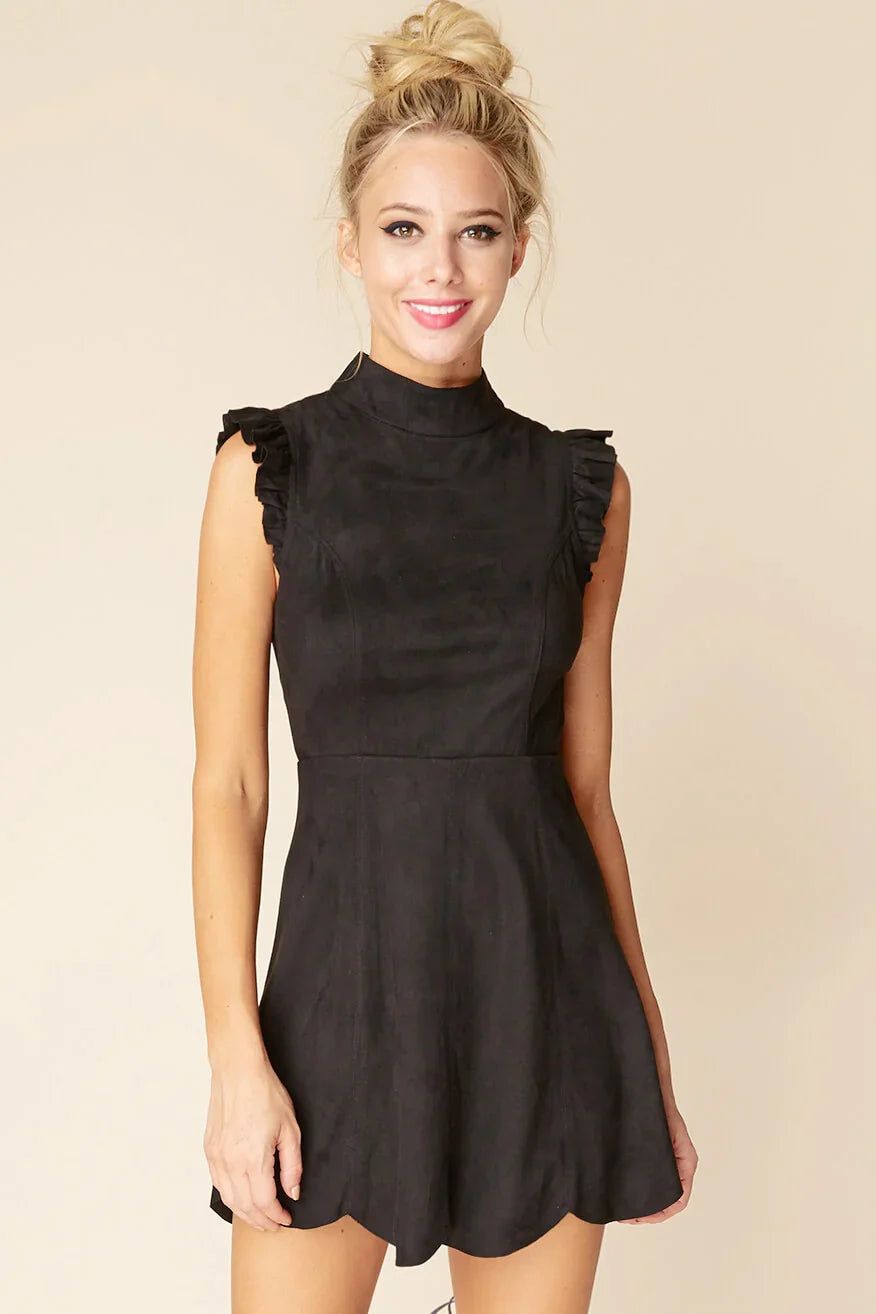 Kylie Ruffled Sleeve Suede Dress Black