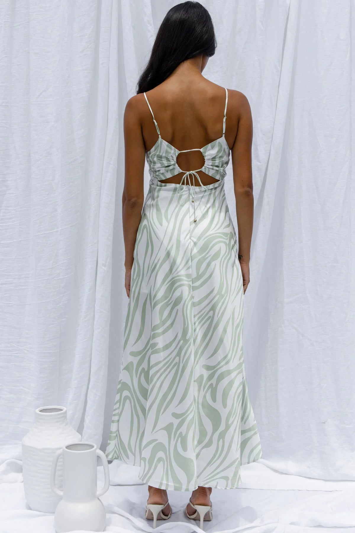 Jasper Cowl Neck Cut-Out Drawstring Back Midi Dress Zebra Print Lime
