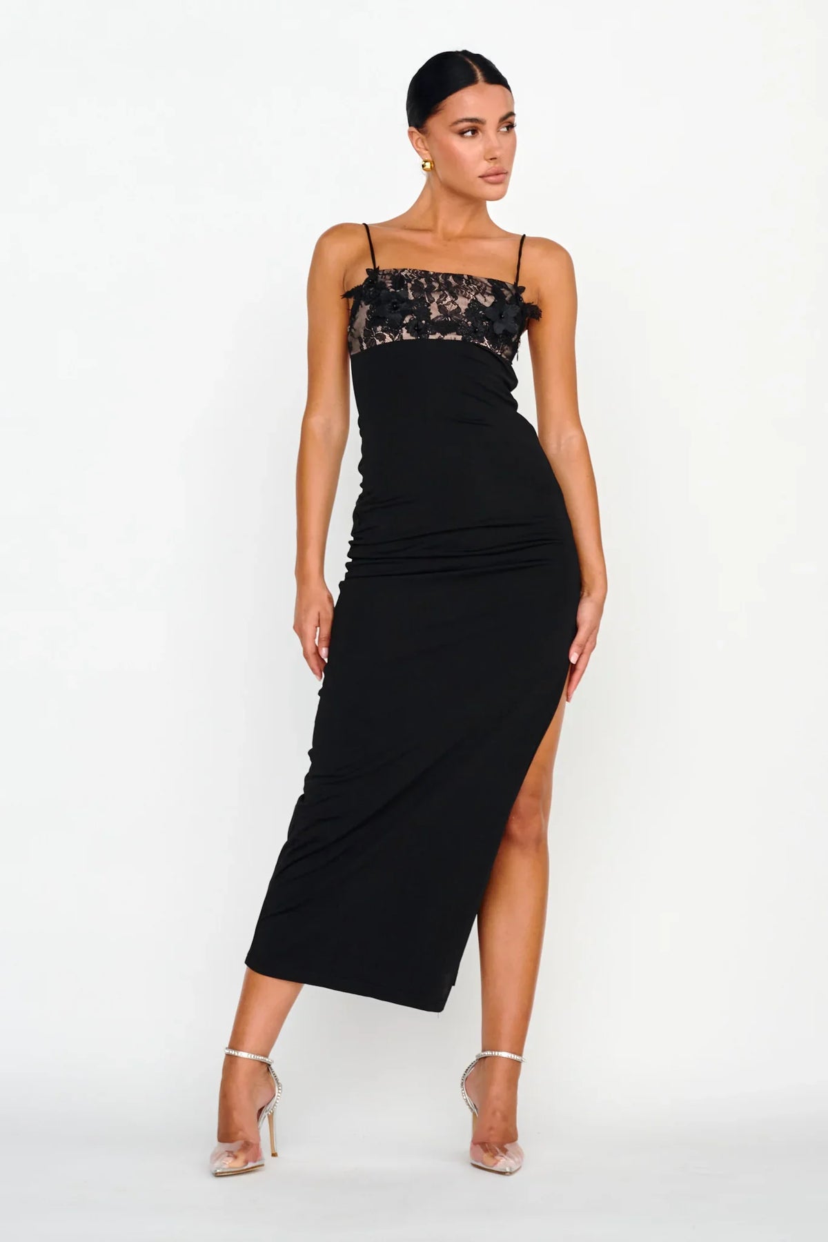 Misha Embellished Bust Midi Dress Black