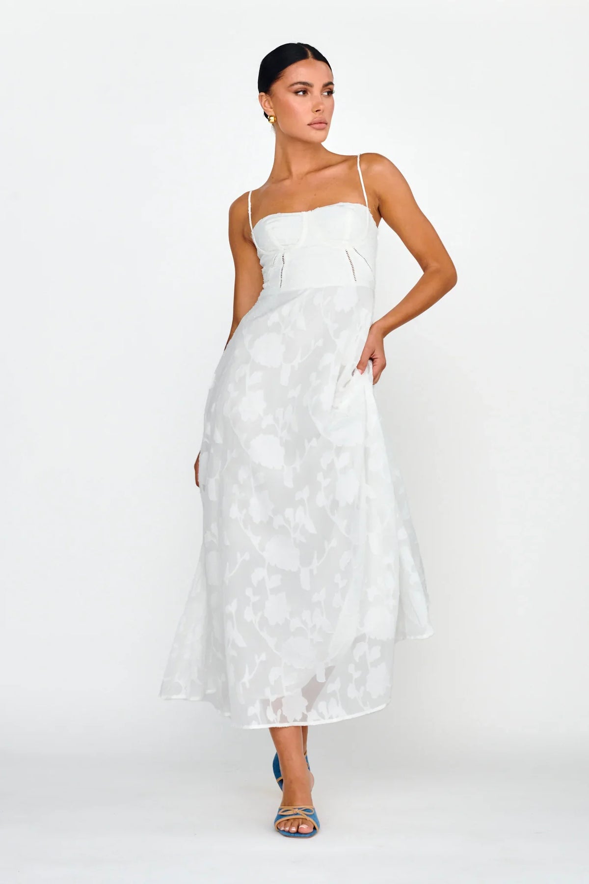 Well Wishing Textured Laced Back Midi Dress White