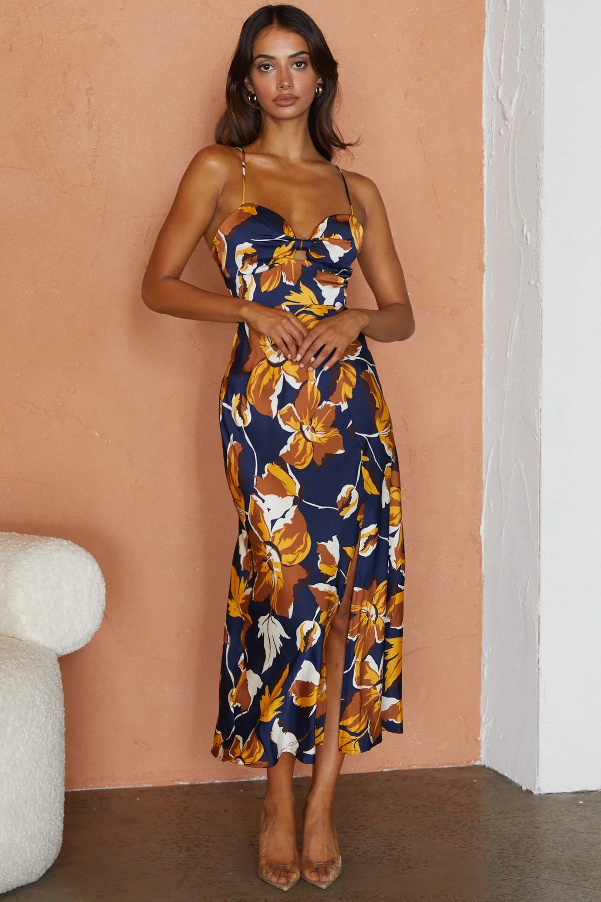 Missoula Cami Strap Padded Bust Midi Dress Floral Print Navy