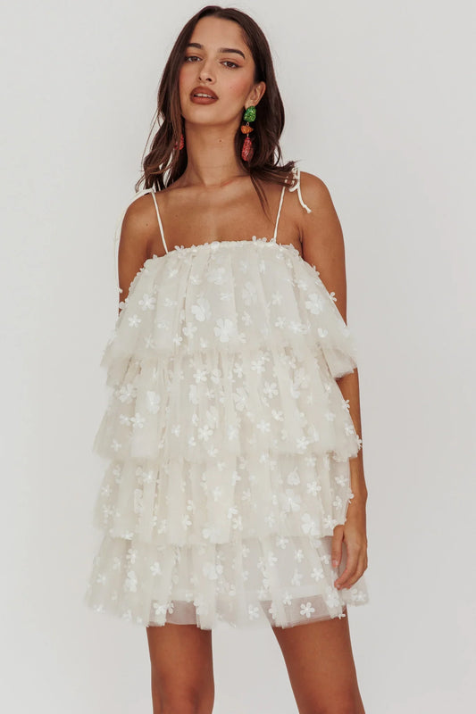Tomorrow Tiered Ruffle Mini Dress Cream