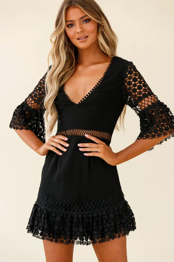 Believe It Crochet Detail Fluted Hem Dress Black