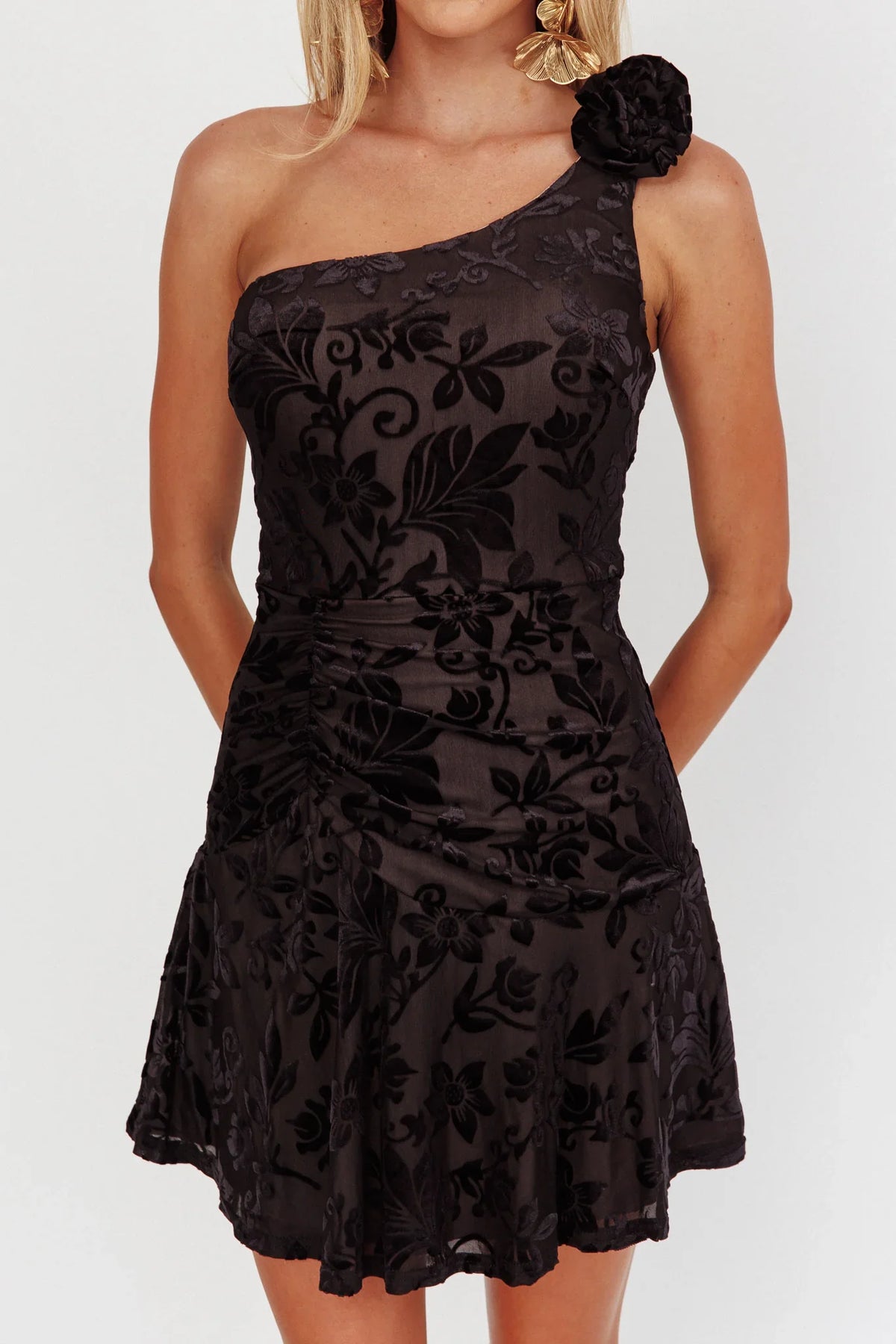 Midnight Aura One Shoulder Mini Dress Black