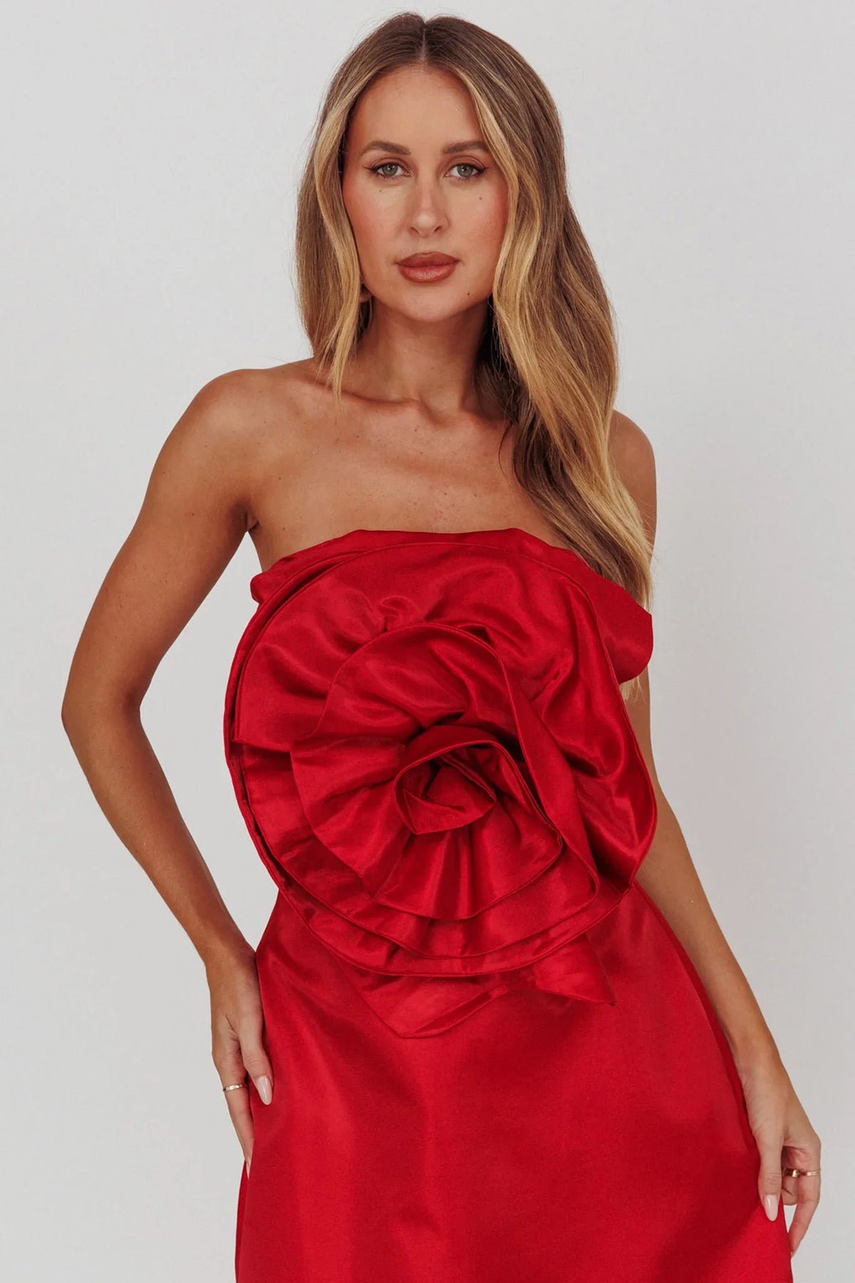 Count Down Rose Feature Strapless Top Red