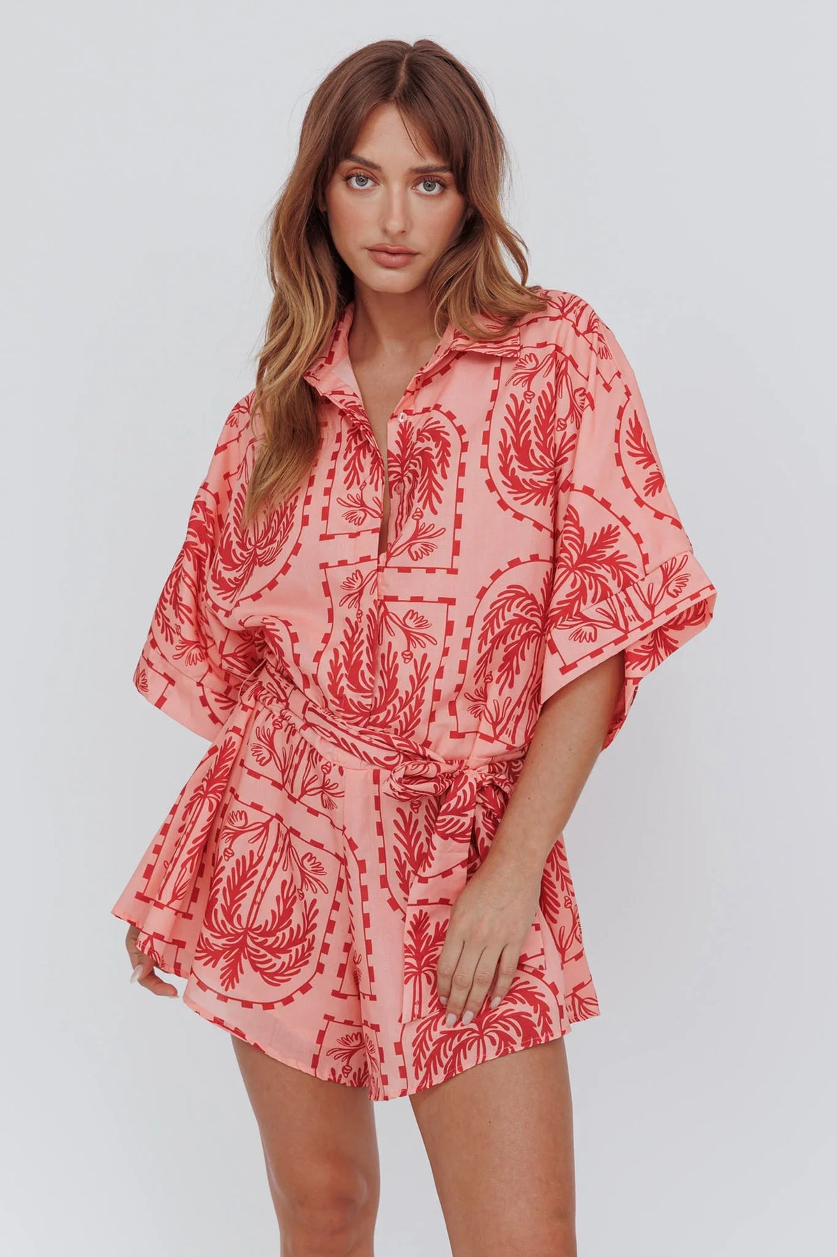 Daytona Beach Button-Up Romper Print Peach