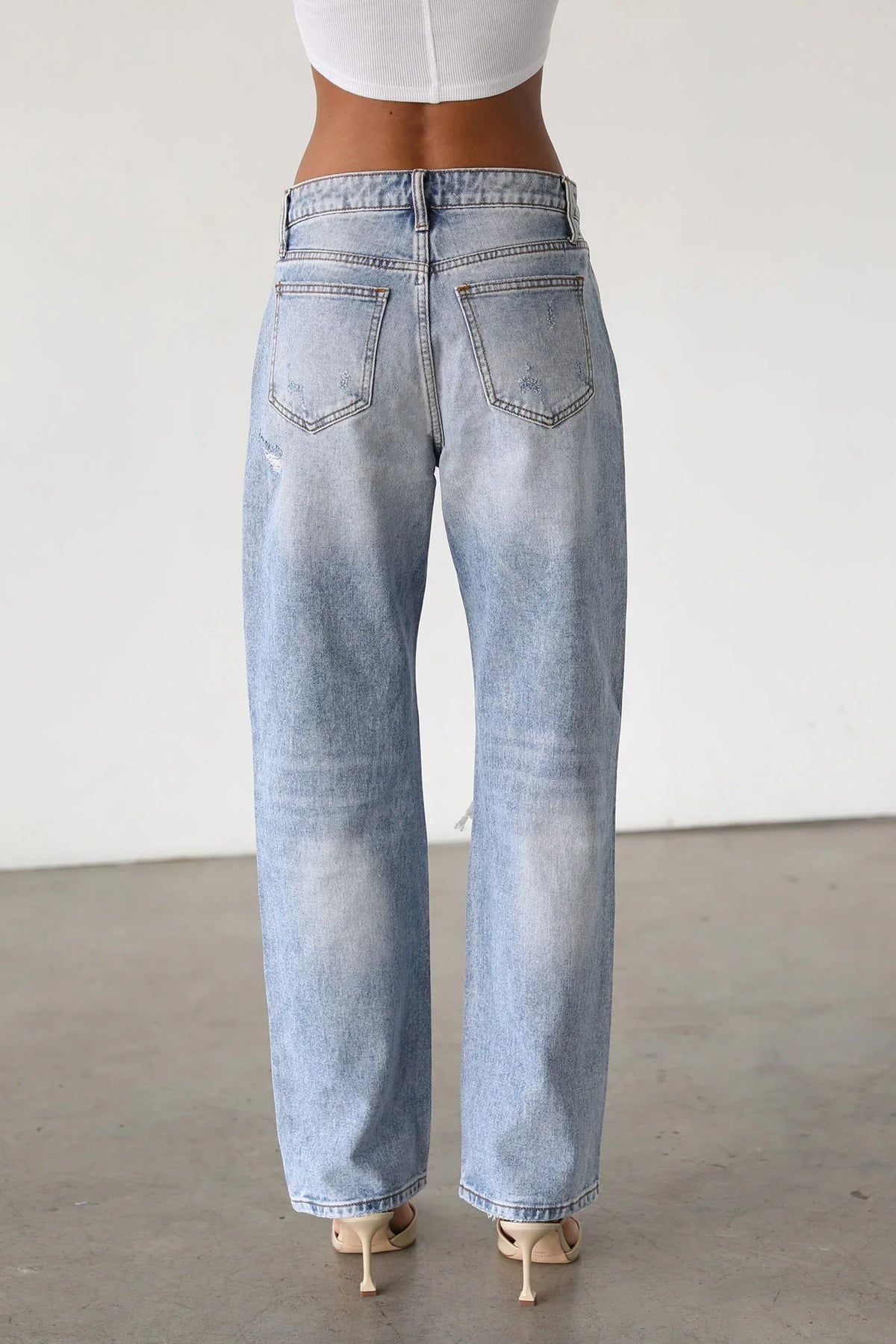 DOGMA High Rise Straight Leg Denim Jeans Distressed Light Wash