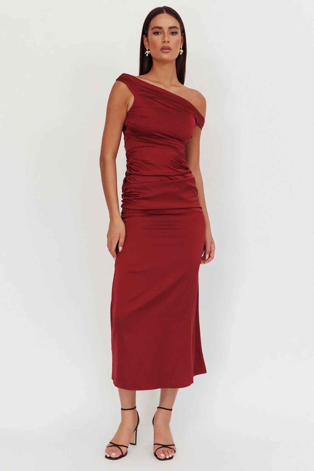 In Blooms Off Shoulder Satin Maxi Dress Wine
