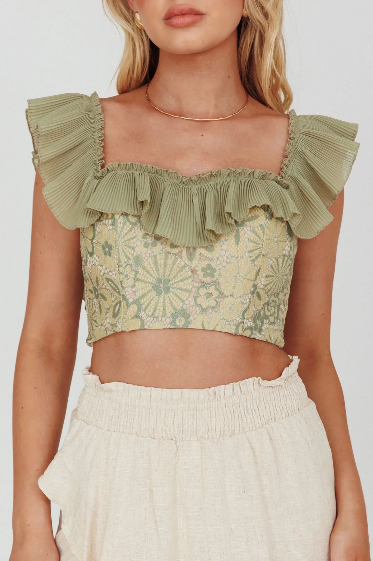 Dreamy On Or Off-Shoulder Frill Crop Top Beige/Olive