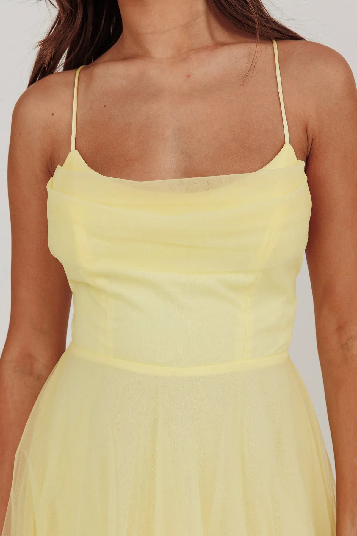 Floating By Pleated Neckline Mesh Midi Dress Yellow