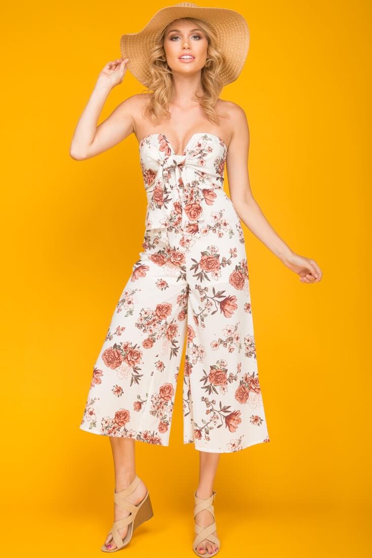 Khloe Floral Summer Bow Tie Jumpsuit White