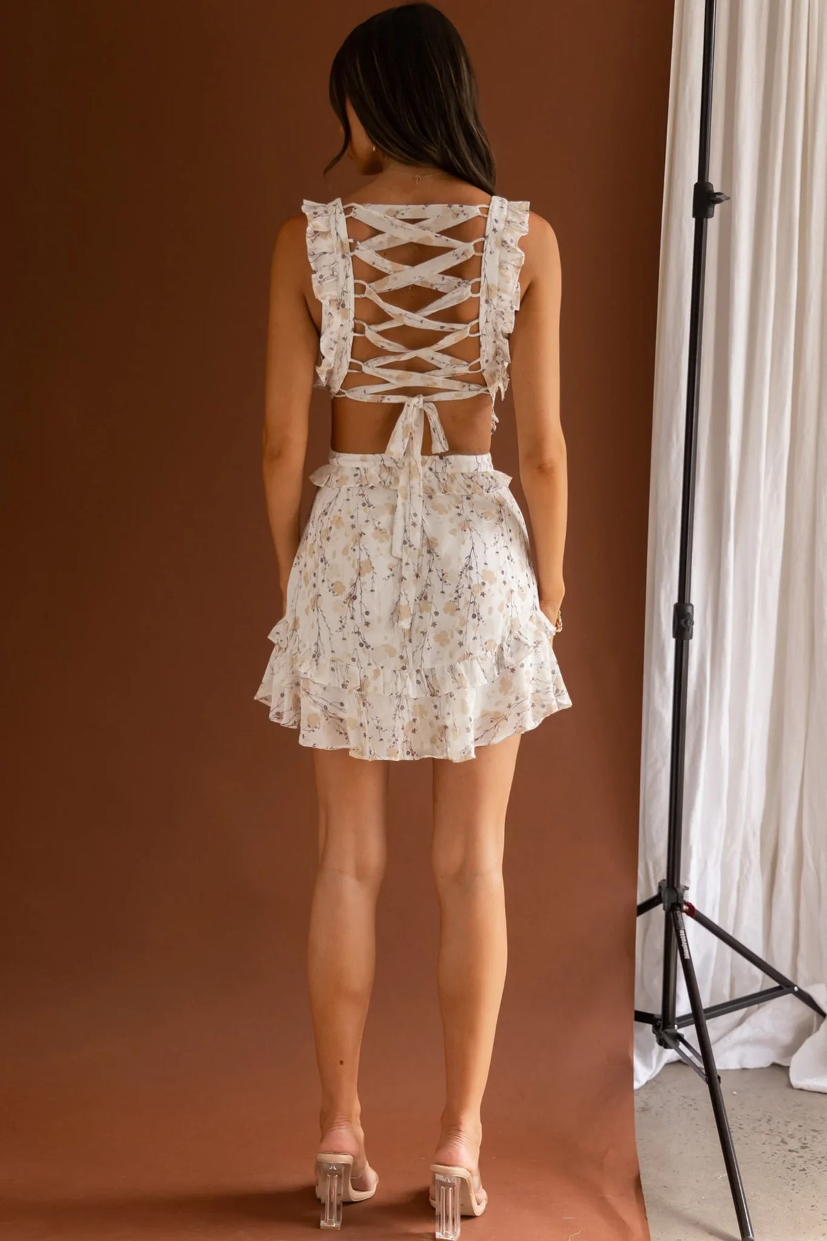 My Belle V-Neckline Lace-Up Back Dress Floral Purple/Beige