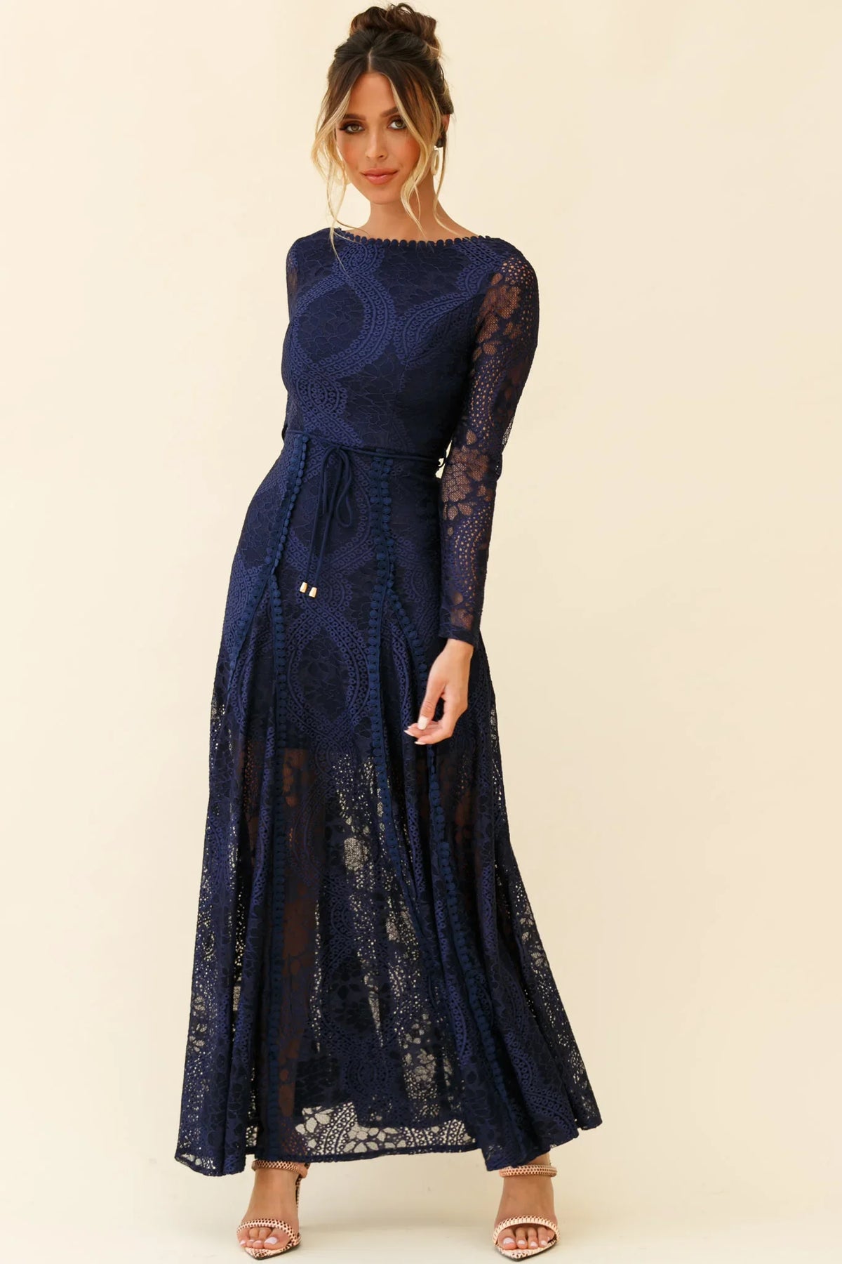Palm Springs Long Sleeve Lace Overlay Maxi Dress Navy