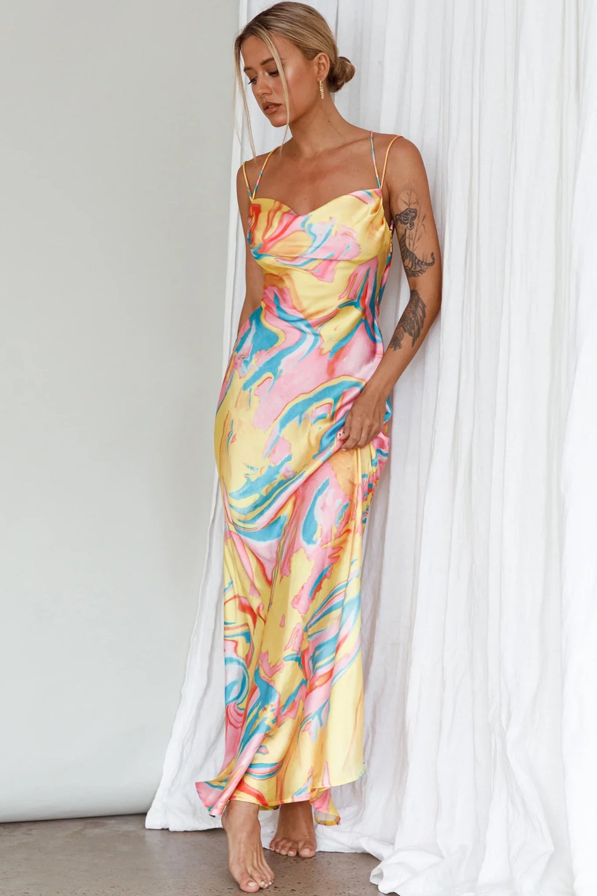 Moment With You Ruched Bust Midi Dress Swirl Yellow/Green