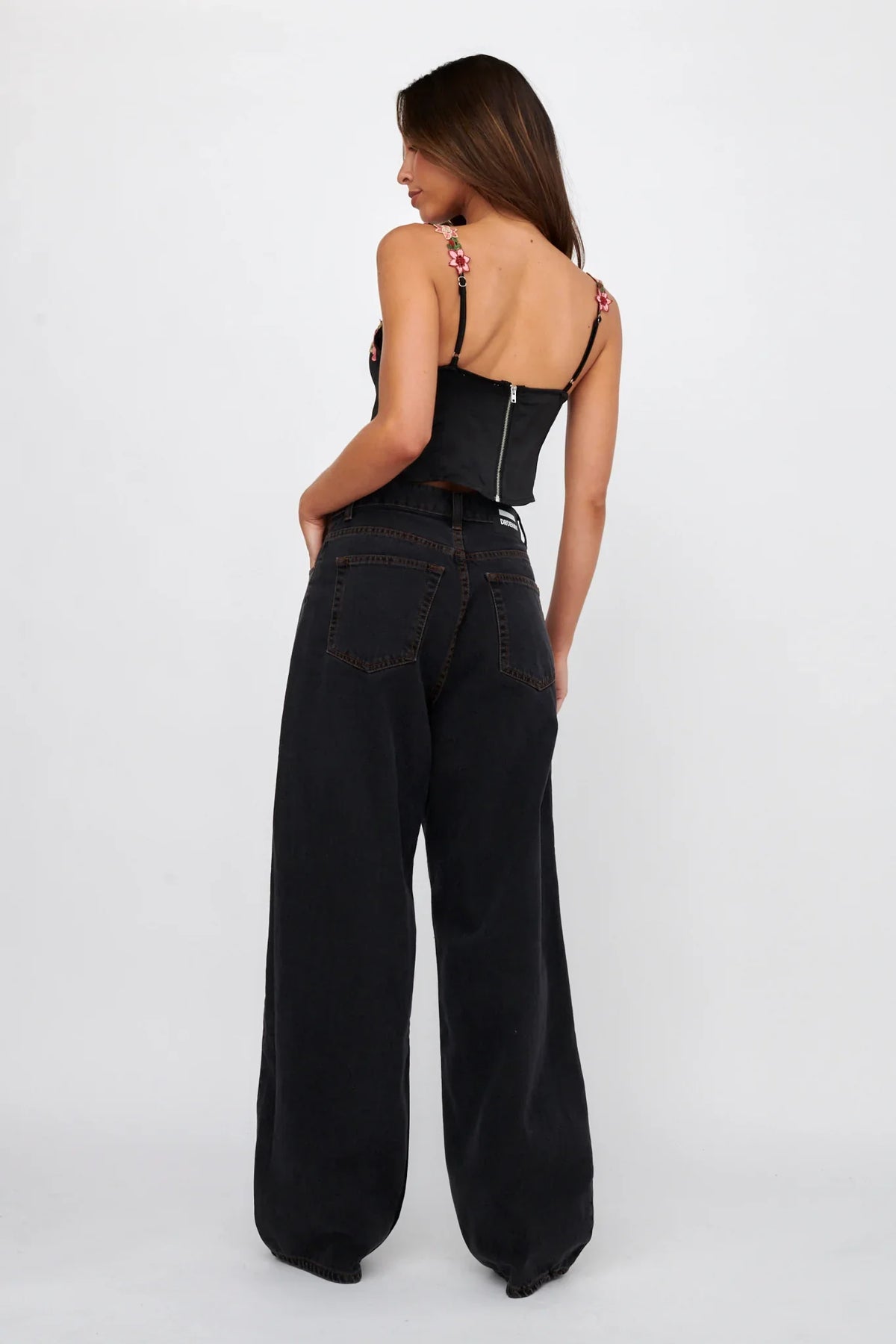 Rose Garden Floral Applique Crop Top Black
