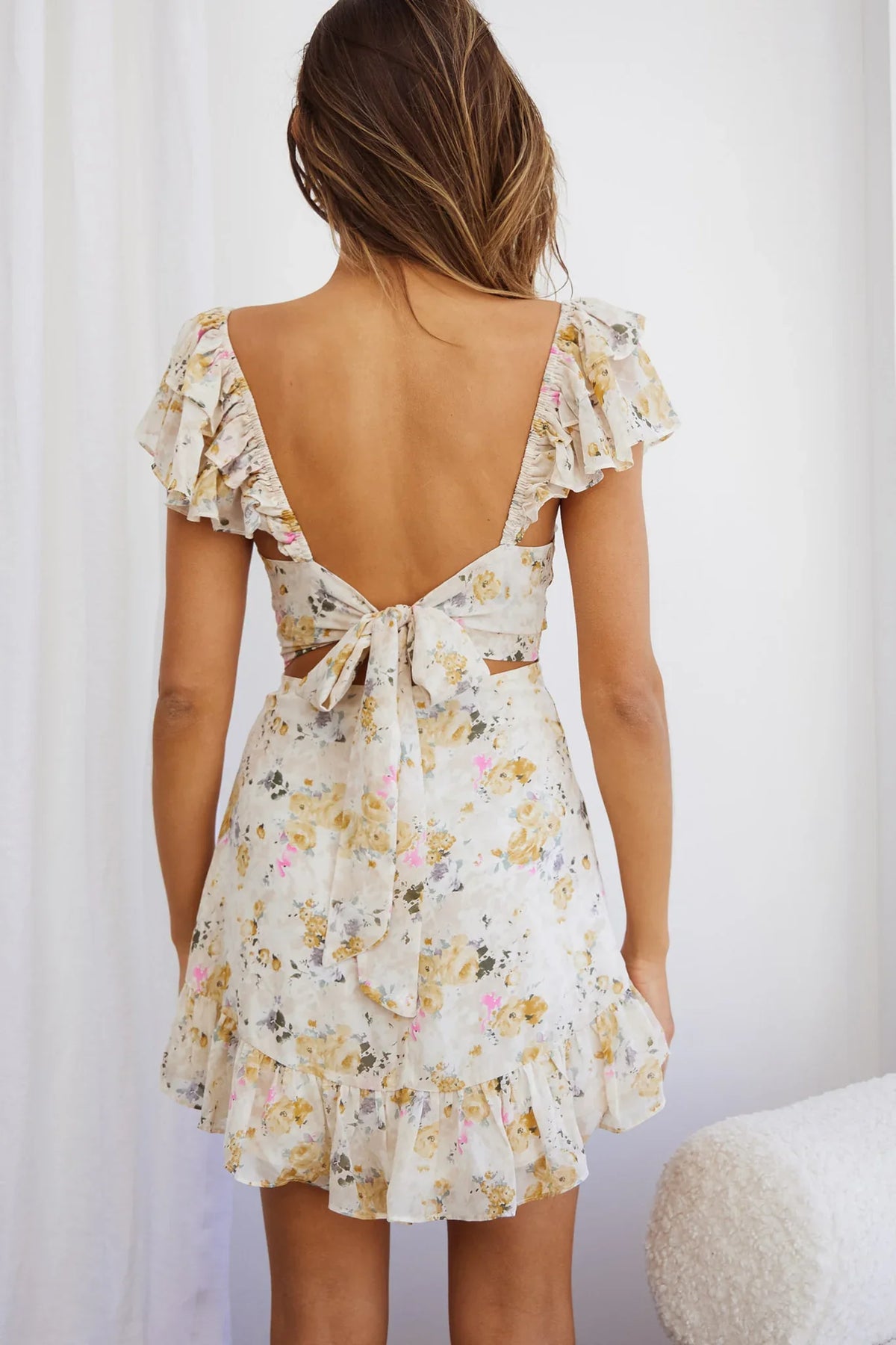 Lazy Sunday Frill Shoulder Tie-Up Back Dress Floral Print Beige