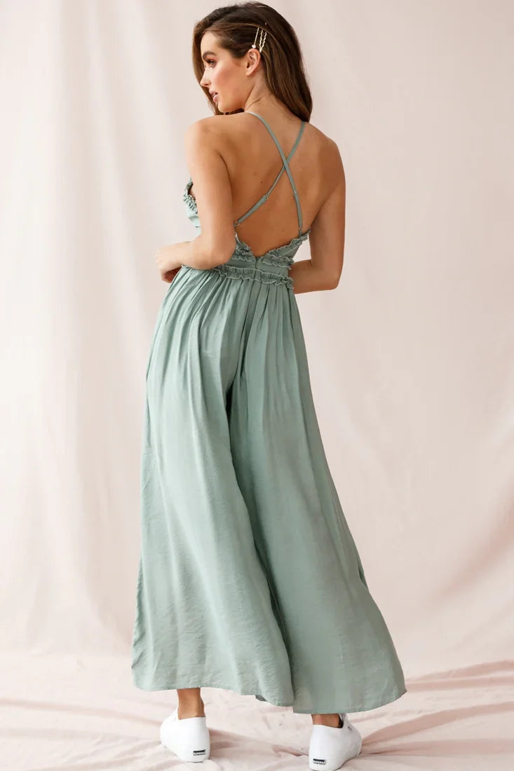 Laney Wide Leg Ruffle Detail Jumpsuit Olive
