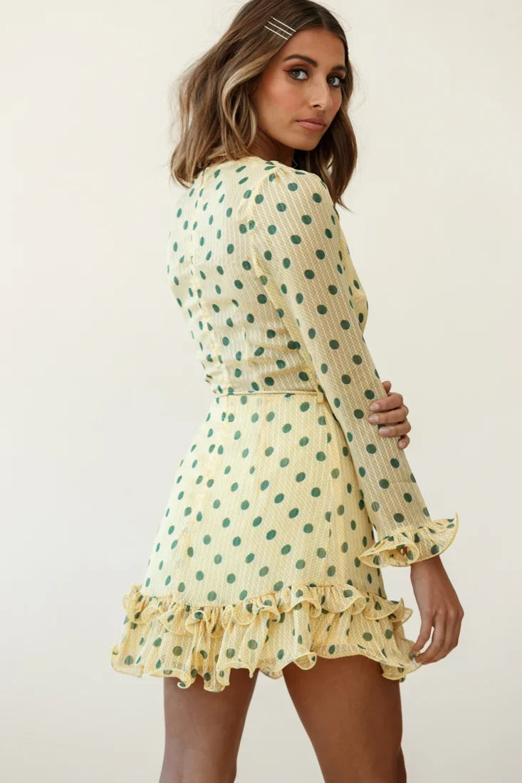 Breckin Long Sleeve Double Frill Hem Dress Polka Dot Print Mustard