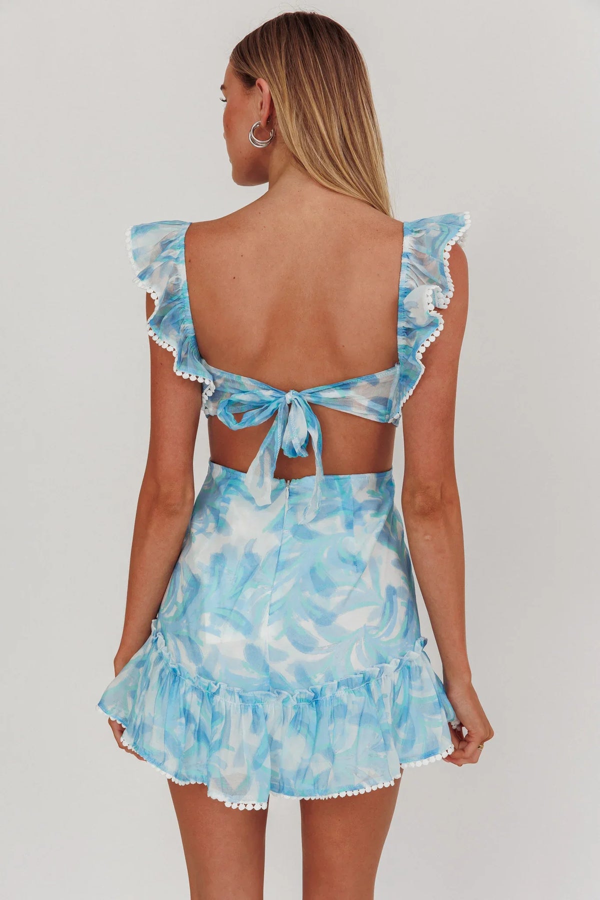 Porcia Tied Back Frill Dress Leaves Blues